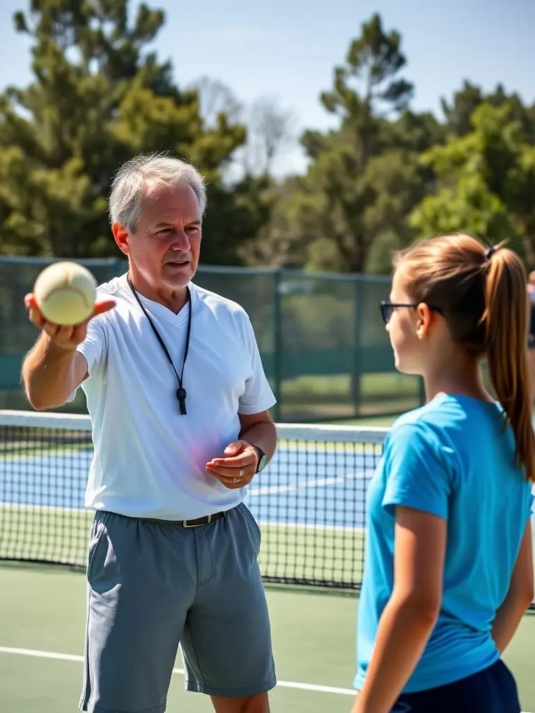 An image showcasing adult tennis lessons, with players practicing serves and volleys under the supervision of a professional coach at Tennis Club de Beaune.