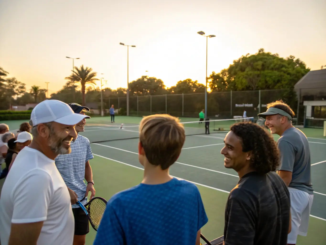 A group photo of club members socializing and laughing together after a tennis session, highlighting the club's friendly and supportive community atmosphere.
