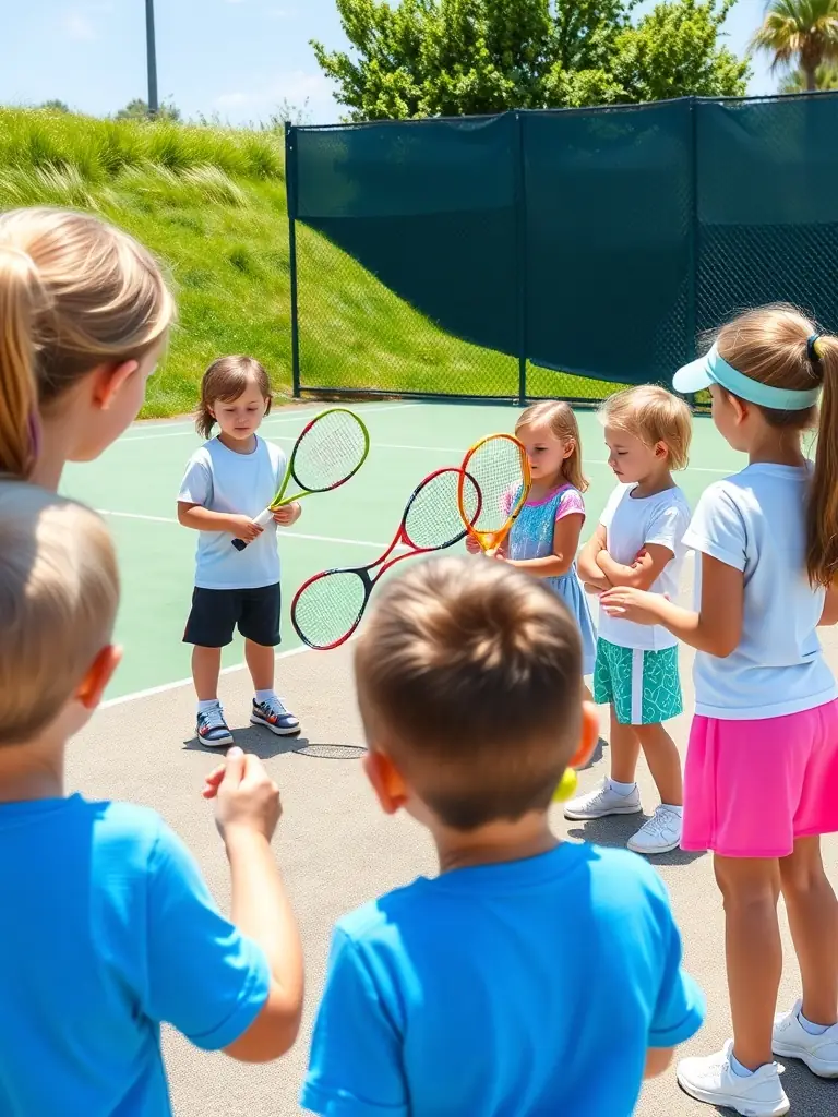 A dynamic shot of a junior tennis clinic in action, with kids learning basic tennis strokes under the guidance of a coach at Tennis Club de Beaune.
