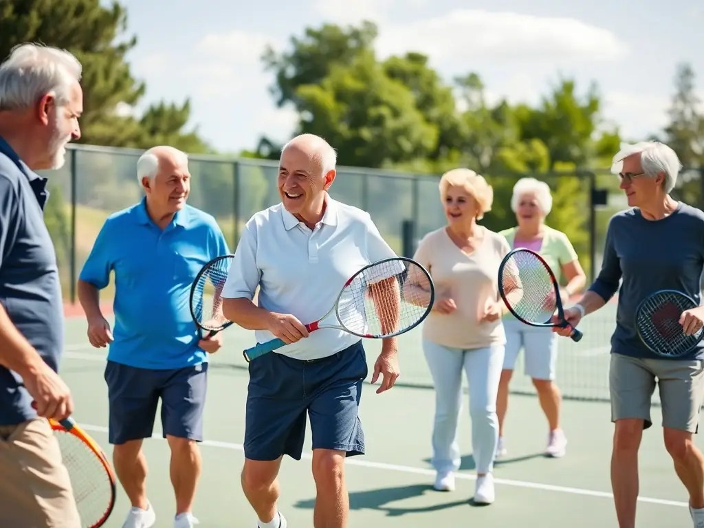A serene image of a group of senior players enjoying a friendly game of doubles on a well-maintained tennis court.