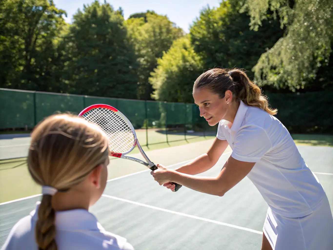 A dynamic shot of a tennis coach providing personalized instruction to a young player on one of the club's well-maintained courts, emphasizing the club's commitment to individual development.