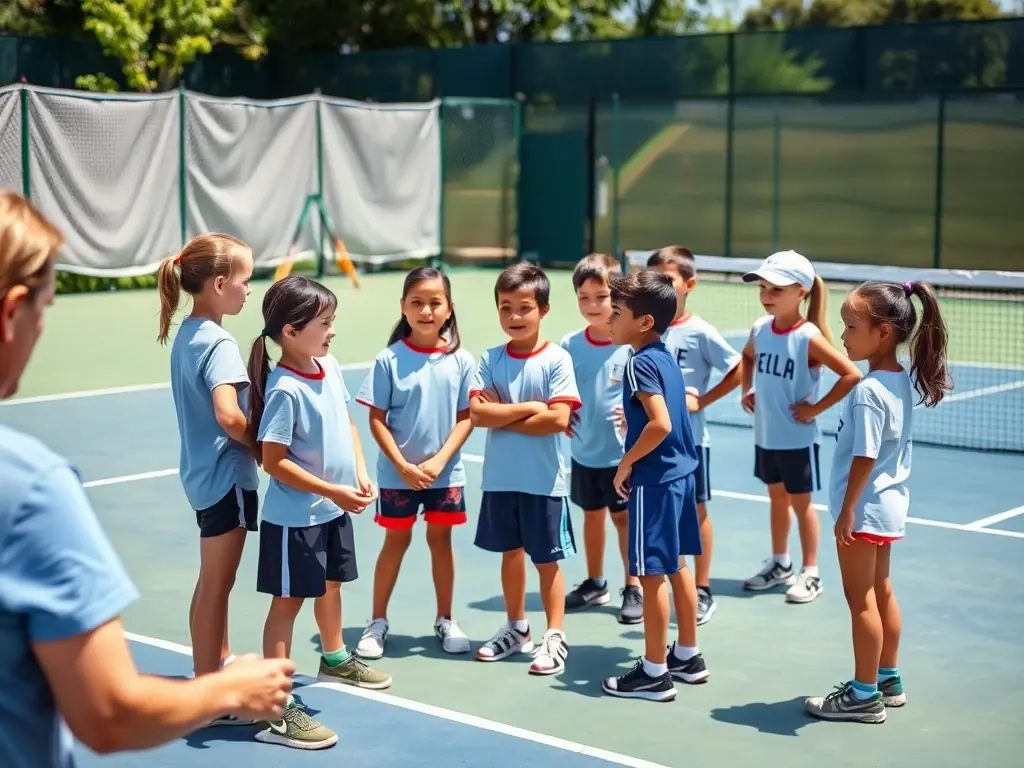 A group of young children participating in a beginner's tennis lesson on a sunny outdoor court, with a coach demonstrating proper technique.