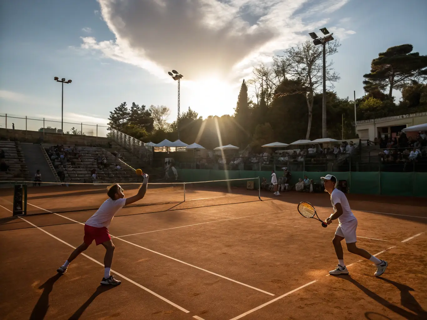 An image of adult players engaged in a competitive tennis match on a clay court, showcasing intense focus and athletic skill.